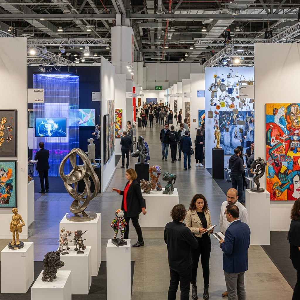 İstanbul Bienali benzeri kalabalık bir modern sanat fuarı ve uluslararası sanat eserleri.