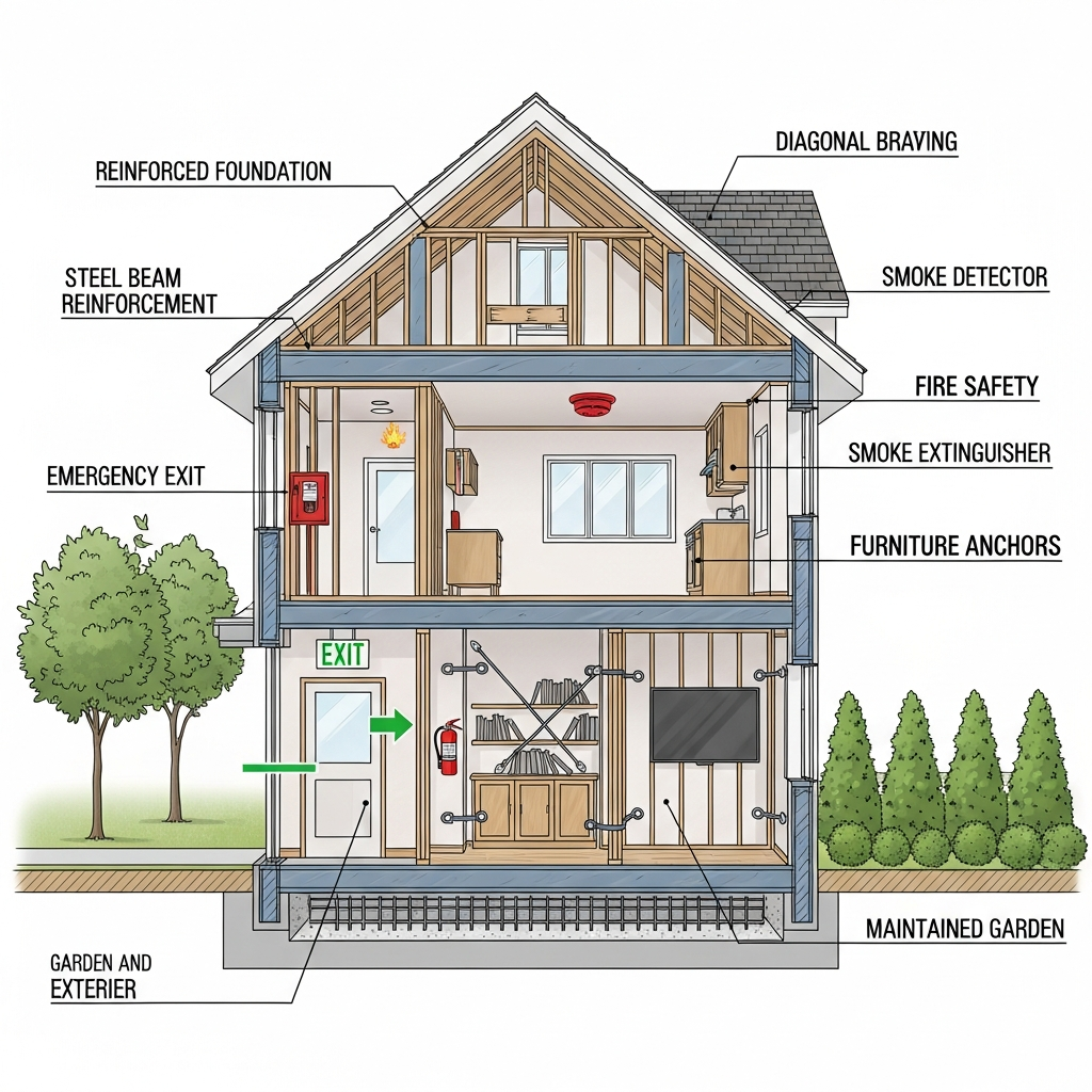 Kapsamlı güvenlik önlemlerinin uygulandığı, acil durum planlarına hazır bir yaşam alanı.