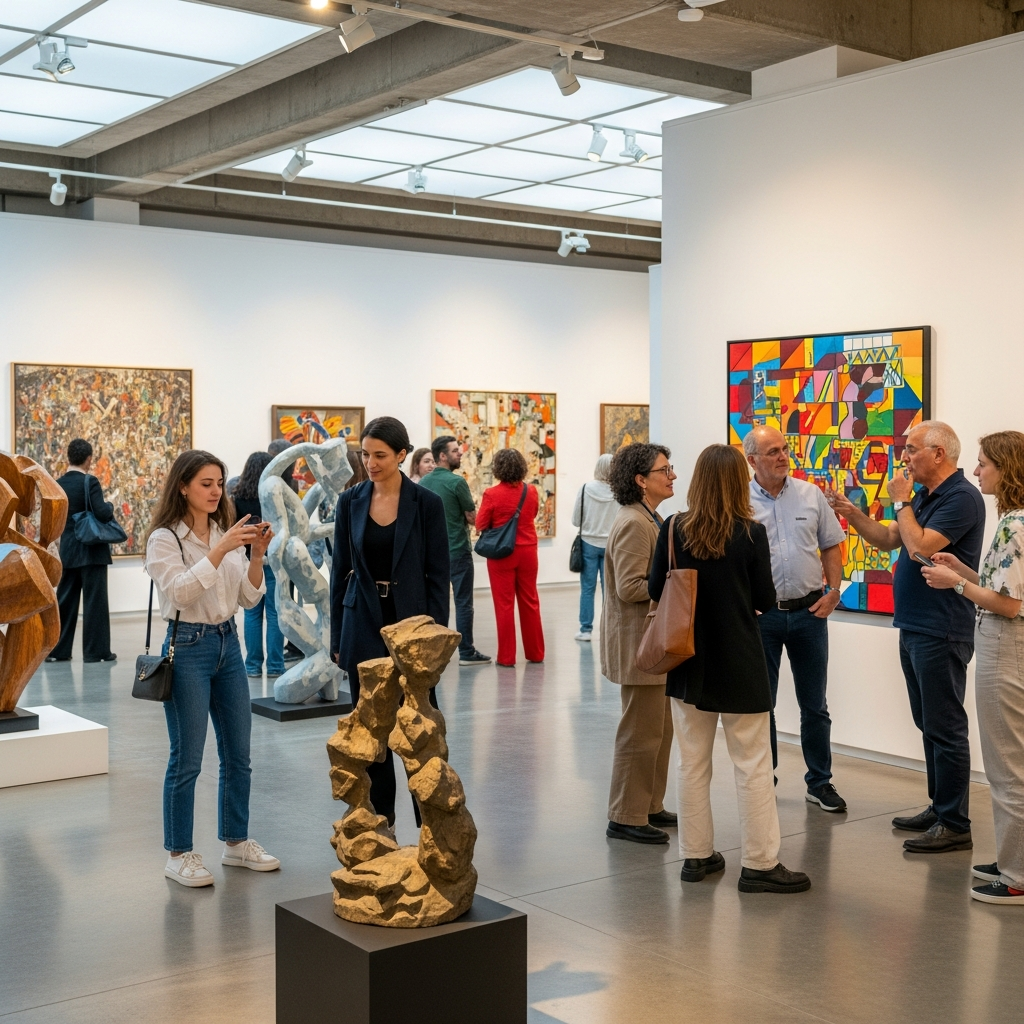 Farklı yaştan insanların modern sanat eserleriyle etkileşimde bulunduğu, kültürel çeşitliliği yansıtan bir sanat galerisi.