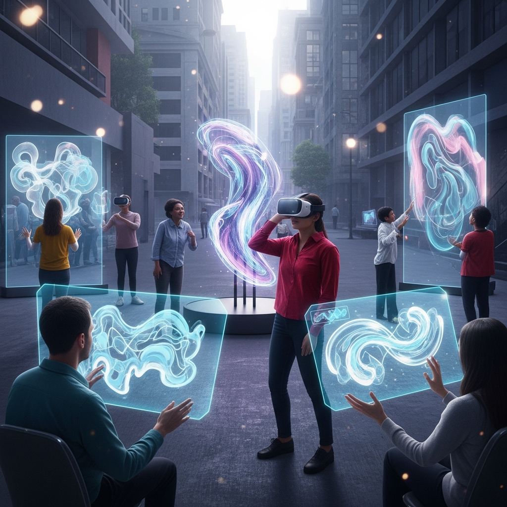 Afet sonrası sanatta geleceği ve teknolojik yenilikleri temsil eden bir görsel. İnsanlar, iyileşme ve kolektif hafıza için sanal veya artırılmış gerçeklik kullanarak etkileşimli sanat eserleriyle birleşiyor.