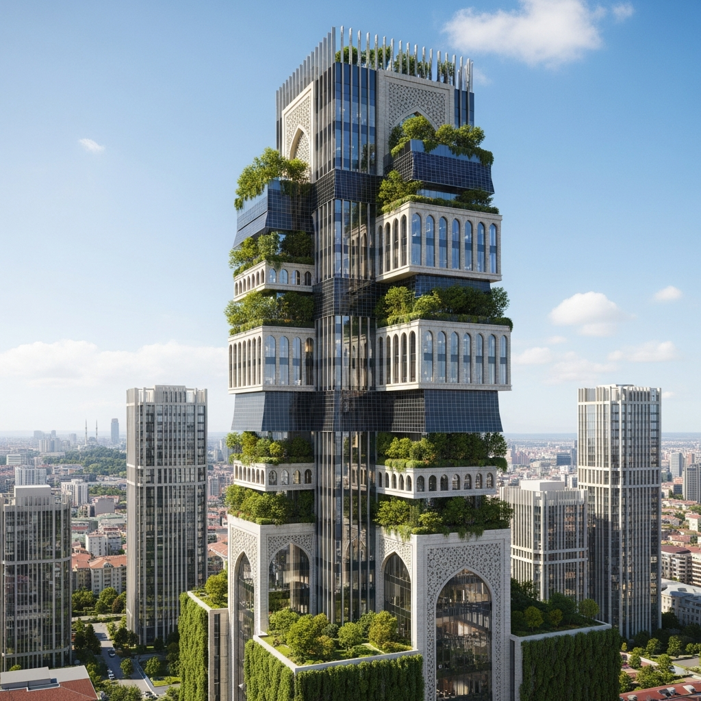 Türkiye\'nin gelecekteki mimari vizyonunu temsil eden, yeşil çatılı, güneş panelli ve geleneksel motiflerle süslenmiş sürdürülebilir bir bina.
