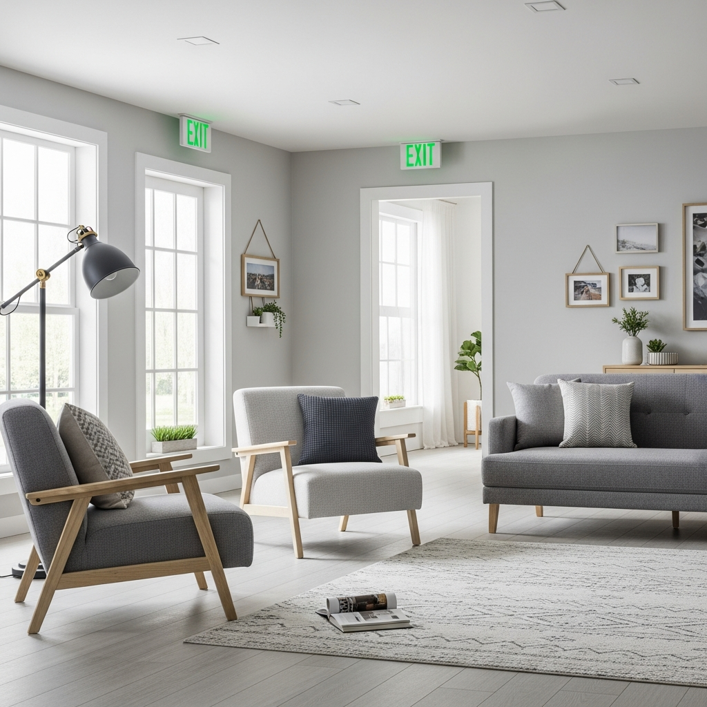 Güvenli iç mekan tasarımına sahip, mobilyaları sabitlenmiş, çıkışları belirgin modern bir oturma odası.
