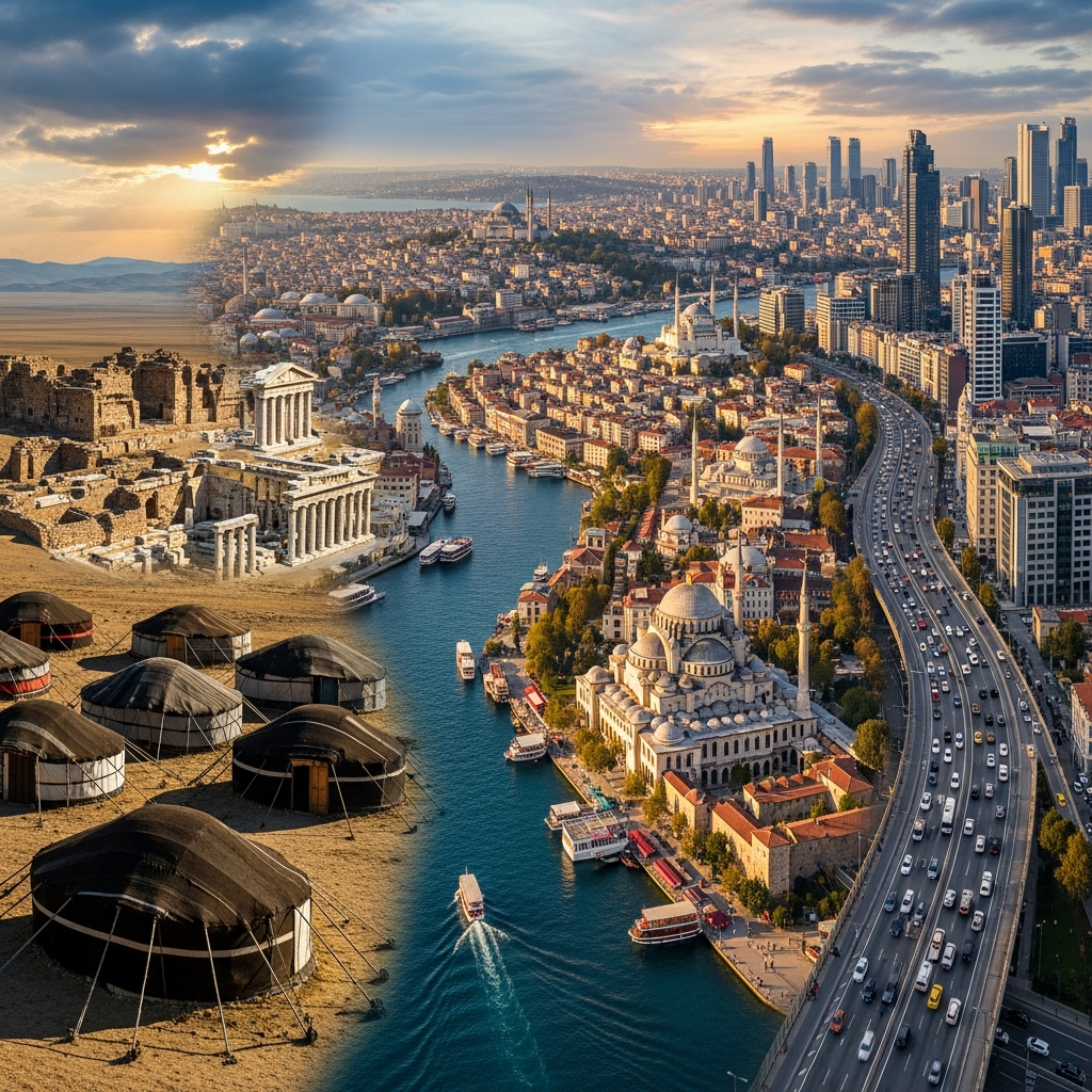 Türkiye mimarisinin geçmişten günümüze dönüşümünü gösteren, Yörük çadırlarından gökdelenlere uzanan bir görsel.