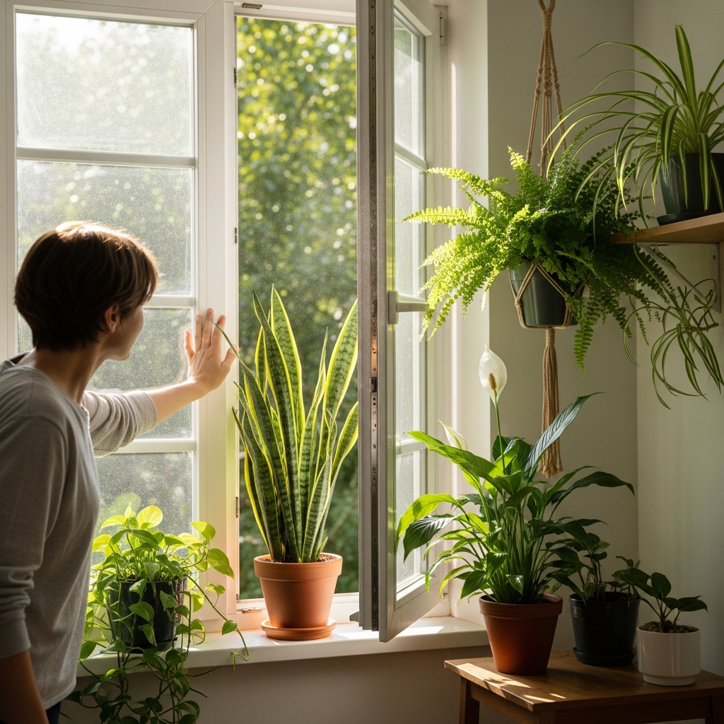 A person opening a window to let fresh air into a brightly lit room filled with various air-purifying houseplants. Sunlight streams in, highlighting dust motes dancing in the air, creating a serene and healthy atmosphere. Focus on natural ventilation and green elements. Realistic, gentle lighting.