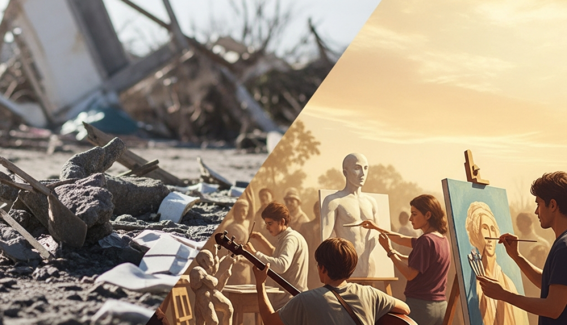 Afet sonrası sanatı temsil eden sembolik bir görsel. Yıkımdan umuda geçişi, sanatla toplumsal iyileşme ve yaratıcılığın yeniden doğuşunu betimliyor.