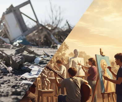 Afet sonrası sanatı temsil eden sembolik bir görsel. Yıkımdan umuda geçişi, sanatla toplumsal iyileşme ve yaratıcılığın yeniden doğuşunu betimliyor.