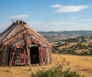 Geleneksel desenlere sahip, doğal bir ortamda kurulmuş, kültürel miras niteliğindeki bir Yörük çadırı.