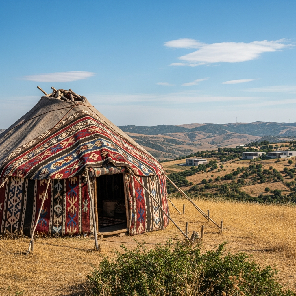 Geleneksel desenlere sahip, doğal bir ortamda kurulmuş, kültürel miras niteliğindeki bir Yörük çadırı.