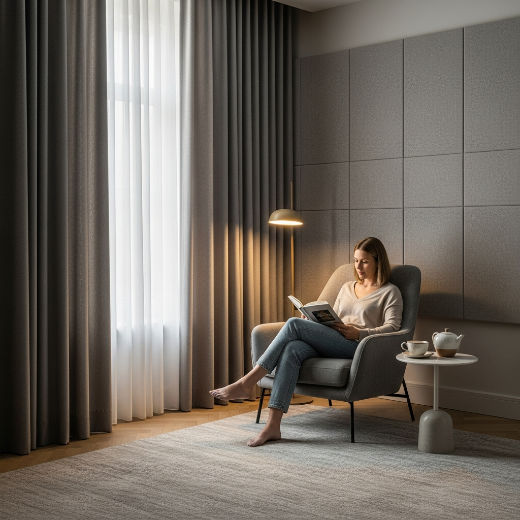 A tranquil interior space with subtle soundproofing elements like thick curtains, acoustic panels, and soft furnishings. A person is reading a book peacefully in a comfortable armchair, demonstrating a calm and quiet environment. Muted color palette, serene atmosphere. Interior design photography.