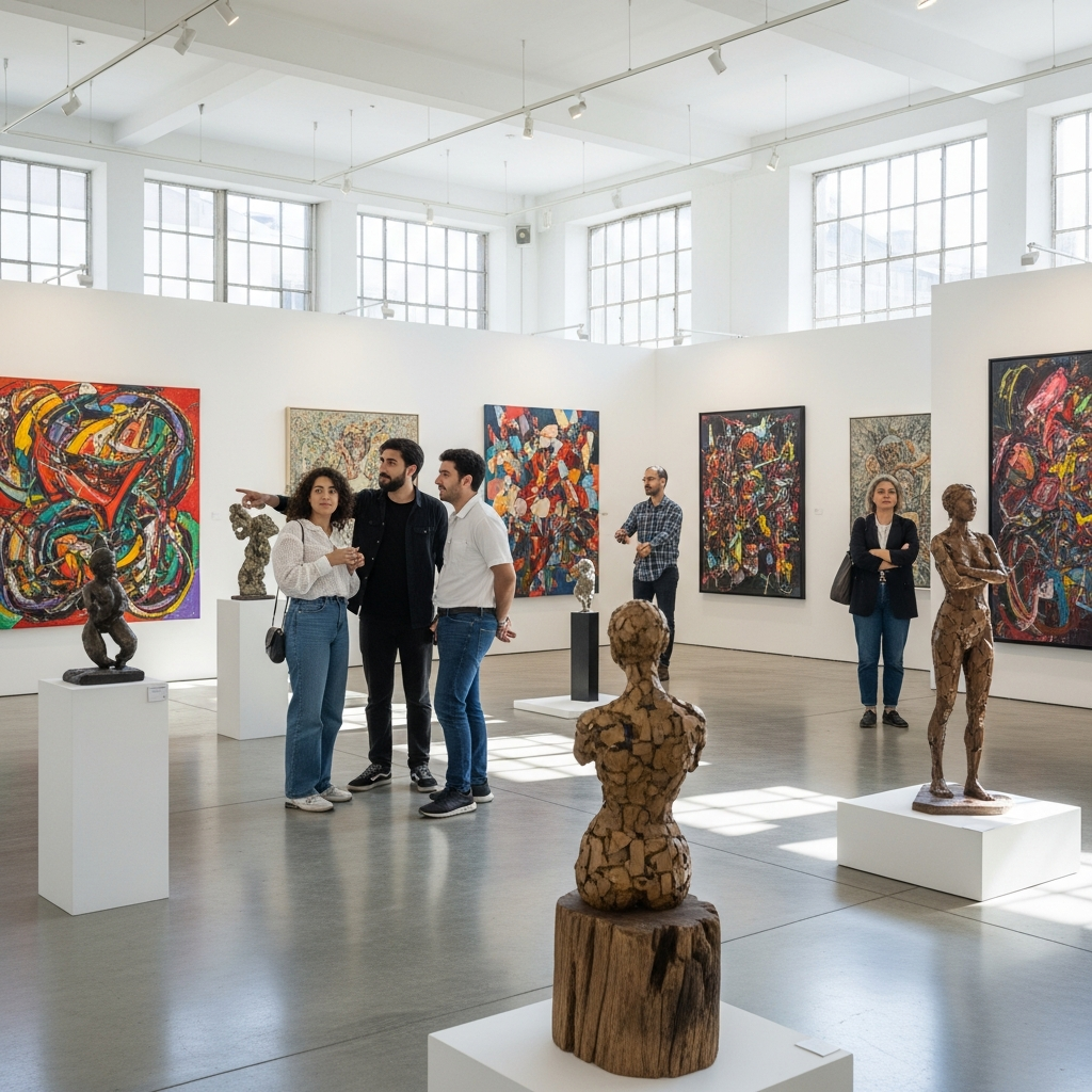 Türk modern sanat eserlerini sergileyen dinamik bir galeri ortamı ve sanatı izleyen insanlar.