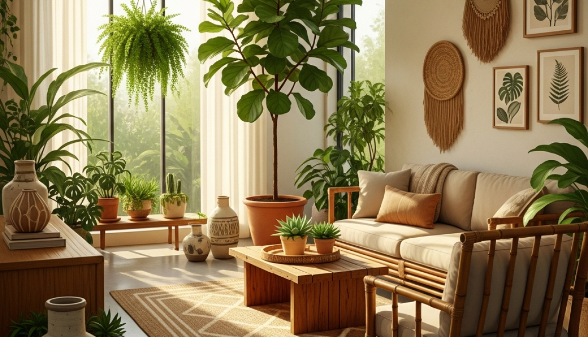 A vibrant and inviting image showcasing a modern, eco-friendly home interior. Lush green plants, ample natural light, sustainable furniture, and a general sense of well-being and freshness. The atmosphere is calm and inspiring, hinting at a healthier lifestyle. Digital painting, wide shot.