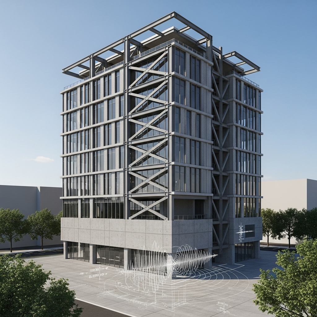 Depreme dayanıklı, modern bir binanın mühendislik detaylarını gösteren görsel.