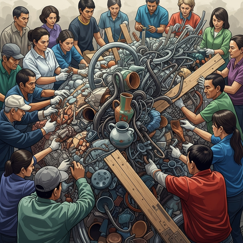 Afet sonrası bir topluluğun enkaz malzemelerini kullanarak ortaklaşa bir sanat eseri (mozaik veya heykel) yarattığı, dayanışmayı ve yaratıcılığı gösteren bir görsel.