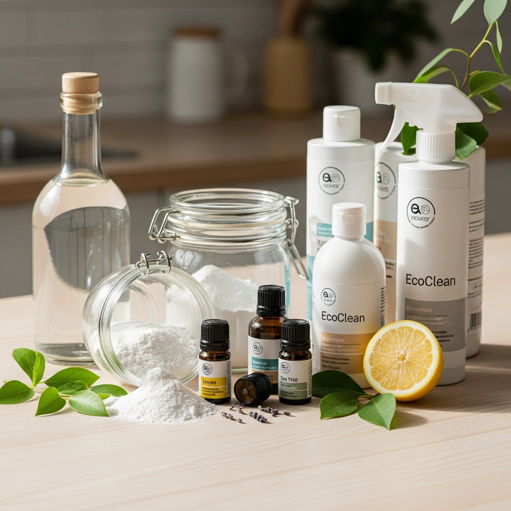 An assortment of natural and organic cleaning supplies (e.g., vinegar, baking soda, essential oils, plant-based detergents) in stylish, minimalist packaging on a clean wooden countertop. Green leaves or a fresh lemon slice nearby. Emphasize a healthy, chemical-free home. Still life photography style.