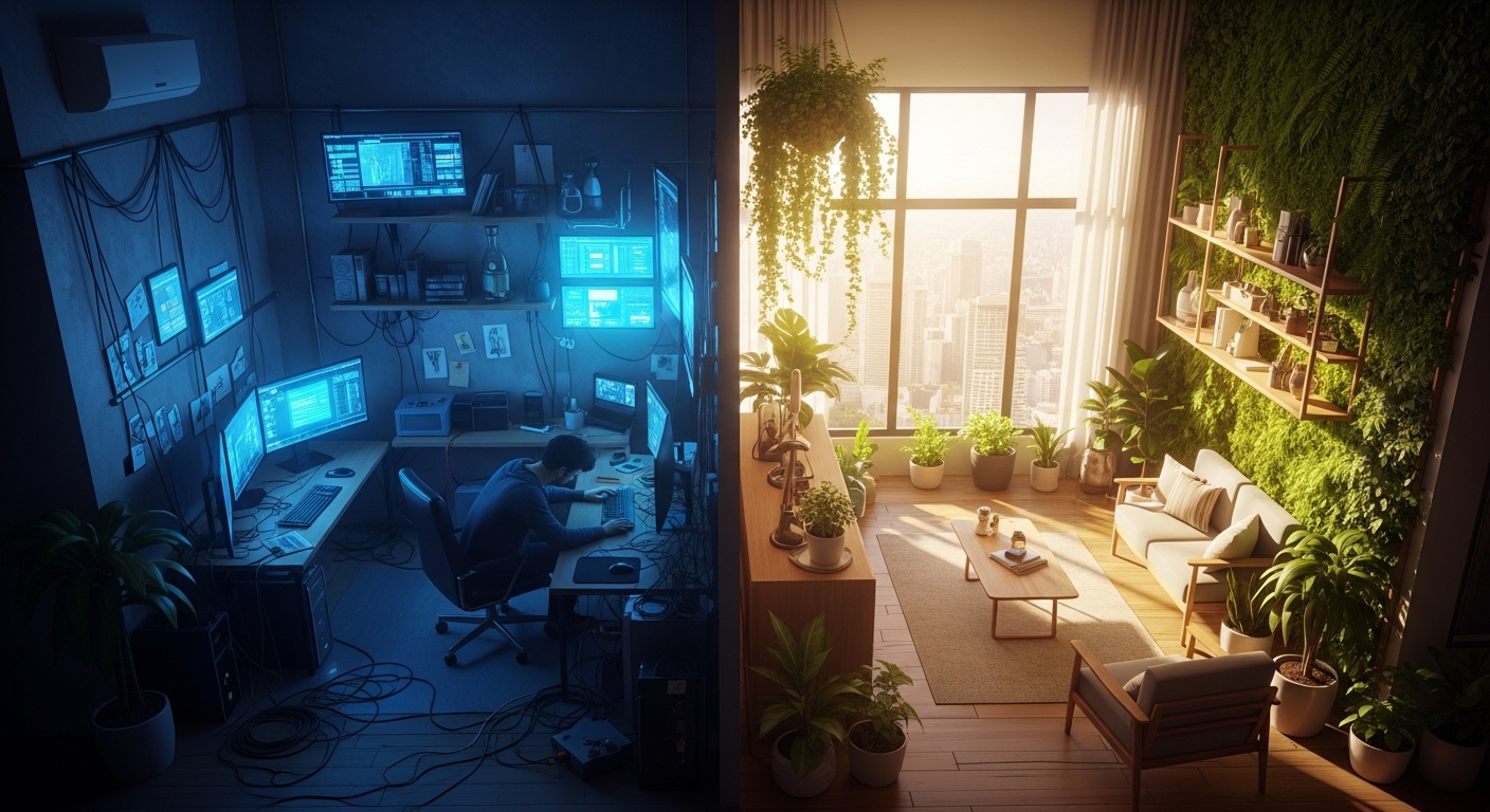 A hyper-realistic, high-angle shot showing a stark contrast within a modern city apartment. On the left side, a cold, dark corner with glowing blue screens, tangled wires, and a tired person slumped over a keyboard. On the right side, the room transitions seamlessly into a vibrant, sunlit sanctuary filled with lush green vertical gardens, natural wood furniture, and warm sunlight streaming through a large window. 8k resolution, cinematic lighting, photorealistic texture.