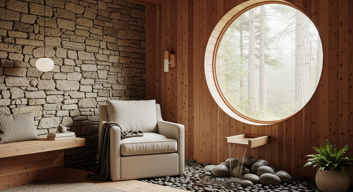 A cozy, technology-free reading nook designed with heavy biophilic elements. The walls are made of raw, textured stone and warm cedar wood. A comfortable linen armchair sits next to a small indoor water feature consisting of smooth river stones and trickling water. A large circular window frames a misty forest view outside. Soft, natural daylight illuminates the scene. No electronics visible. Macro details on the texture of wood and stone, serene atmosphere, 8k realism.