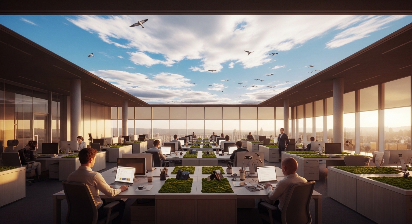 A futuristic open-plan office space utilizing 'Smart Biophilia'. The ceiling is a high-tech screen mimicking a moving sky with clouds and passing birds, indistinguishable from reality. Smart glass windows automatically adjust tint based on sunlight intensity. Desks are integrated with living moss. Professionals are working calmly. The lighting is warm and amber-toned, suggesting late afternoon. Detailed visualization of sustainable technology integration, photorealistic architecture.