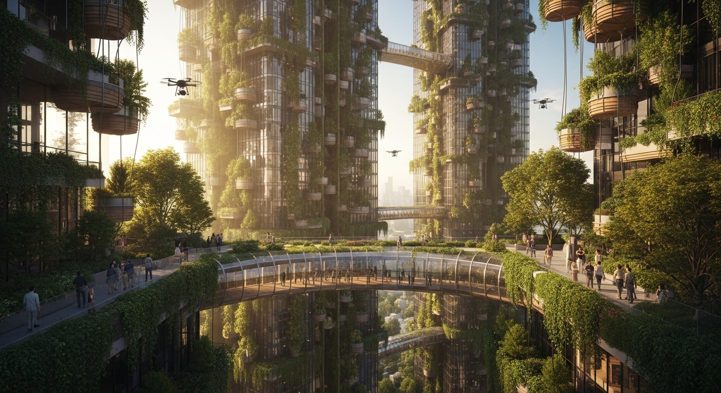 A visionary architectural render of a future eco-city skyline. Skyscrapers are covered in cascading greenery and vertical forests. Skybridges made of glass and wood connect buildings. Drones are delivering packages quietly in the background, but the focus is on people walking in rooftop parks and hanging gardens. Golden hour lighting, harmonious blend of advanced cyberpunk technology and lush organic nature, highly detailed 8k image.